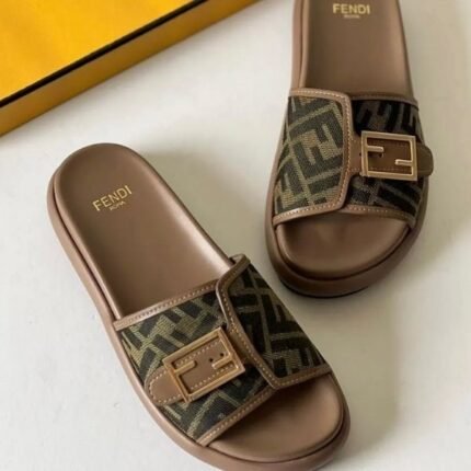 Fendi Fabric Jacquard Nappa FF Fendi Feel Slide Sandals Slip-Ons Brown