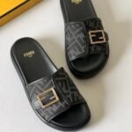 Fendi Fabric Jacquard Nappa FF Fendi Feel Slide Sandals Slip-Ons Black