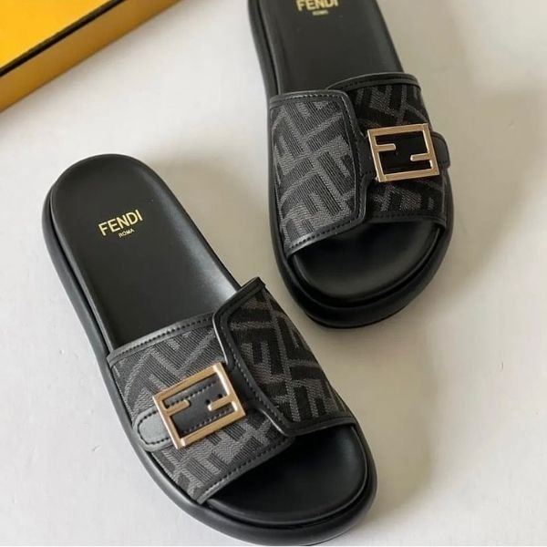 388 Fendi Fabric Jacquard Nappa FF Fendi Feel Slide Sandals Slip-Ons Black - Image 1