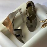 Hermes Leather Legend Sandals Wedges Heels With Adjustable Back Strap Taupe - Image 2