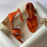 Hermes Leather Legend Sandals Wedges Heels With Adjustable Back Strap Orange - Image 2
