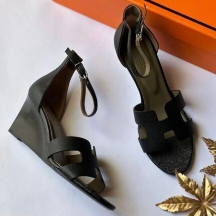 Hermes Leather Legend Sandals Wedges Heels With Adjustable Back Strap Black
