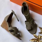 Hermes Leather Legend Sandals Wedges Heels With Adjustable Back Strap Taupe