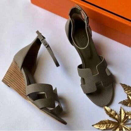 Hermes Leather Legend Sandals Wedges Heels With Adjustable Back Strap Taupe