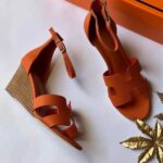 Hermes Leather Legend Sandals Wedges Heels With Adjustable Back Strap Orange
