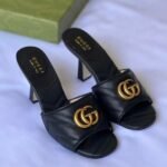 Gucci Marmont GG Padded Quilted Leather Slides Slip-On Sandals Heels Black