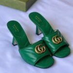 Gucci Marmont GG Padded Quilted Leather Slides Slip-On Sandals Heels Green