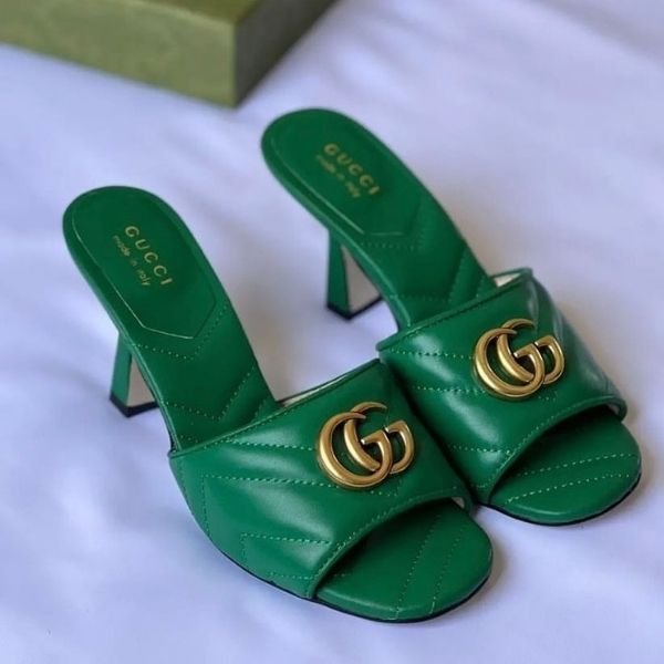 402 Gucci Marmont GG Padded Quilted Leather Slides Slip-On Sandals Heels Green - Image 1