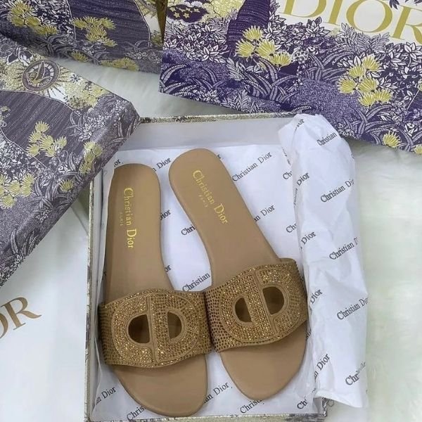 408 Christian Dior Crystal Embellished Sabot Flat Slip-Ons Slides D-club Gold - Image 1