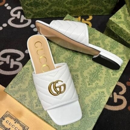 Gucci Marmont GG Padded Quilted Leather Slides Slip-On Sandals Flats White