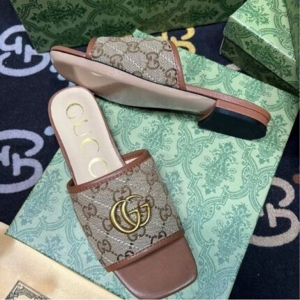 Gucci Marmont GG Logo Printed Slides Slip-On Sandals Flats Beige