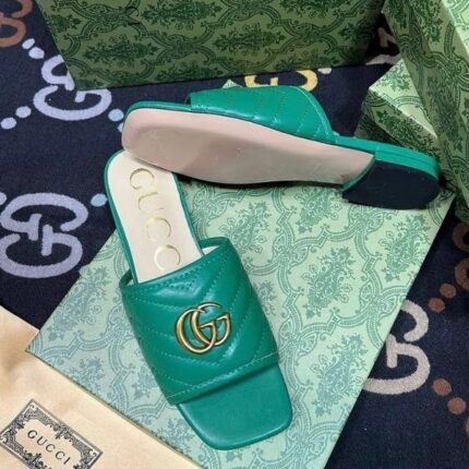 Gucci Marmont GG Padded Quilted Leather Slides Slip-On Sandals Flats Green
