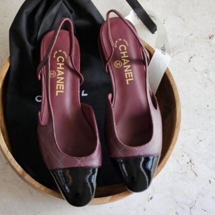 Chanel Tweed Slingback Flats Sandals Printed Lambskin Patent Leather Burgundy Black