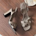 Hermes Eternite 80 Block Heels Sandals With Adjustable Back Strap Taupe - Image 2