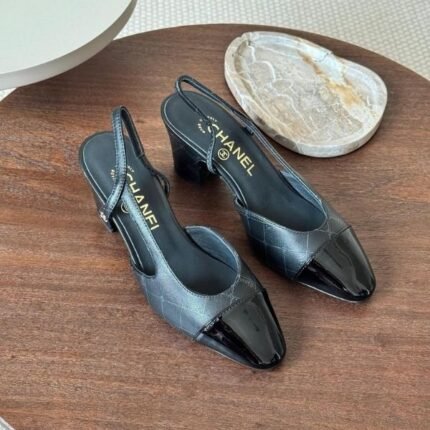 Chanel Tweed Slingback Pumps Heels Sandals 65 Printed Lambskin Patent Leather Black