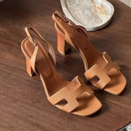 Hermes Eternite 80 Block Heels Sandals With Adjustable Back Strap Tan