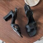 Hermes Eternite 80 Block Heels Sandals With Adjustable Back Strap Black - Image 4