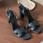 Hermes Eternite 80 Block Heels Sandals With Adjustable Back Strap Black