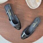 Chanel Tweed Slingback Flats Sandals Printed Lambskin Patent Leather Black - Image 2