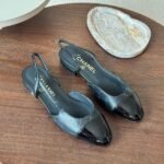 Chanel Tweed Slingback Flats Sandals Printed Lambskin Patent Leather Black