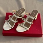 Valentino Leather Rockstud Block Heels Slide Sandals White