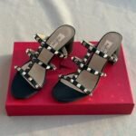 Valentino Leather Rockstud Block Heels Slide Sandals Black