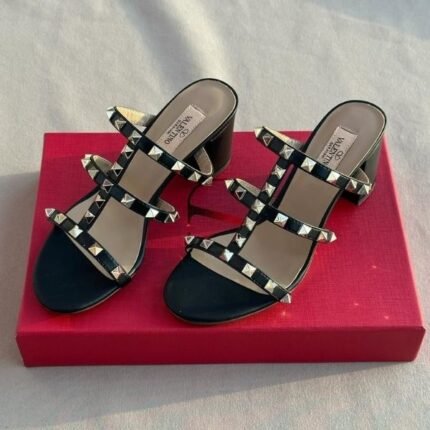 Valentino Leather Rockstud Block Heels Slide Sandals Black