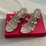 Valentino Leather Rockstud Block Heels Slide Sandals Pink