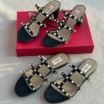 Valentino Leather Rockstud Block Heels Slide Sandals Black - Image 3