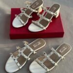 Valentino Leather Rockstud Block Heels Slide Sandals White - Image 4