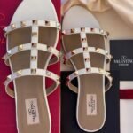 Valentino Leather Rockstud Block Heels Slide Sandals White - Image 3