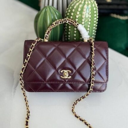 Chanel Shiny Quilted Flap Gold Chain Crossbody Top Handle Hand Burgundy
