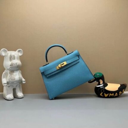 Hermes Mini Kelly Leather Top Handle Hand Bag Shoulder Strap Light Blue