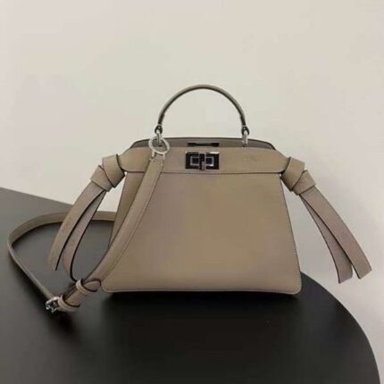 Fendi Peekaboo Mini Leather Hand Bag Crossbody Strap Taupe