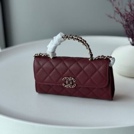 Chanel Clutch With Gold Chain Top Handle Hand Bag Burgundy
