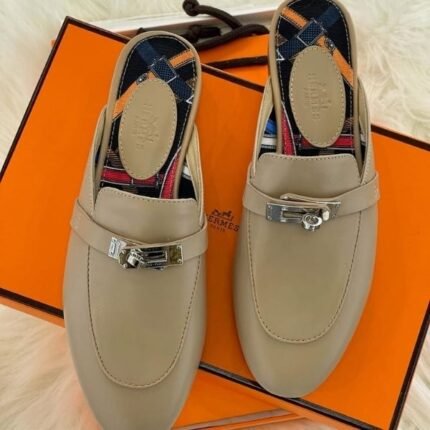Hermès Oz Mules Printed Leather Palladium Buckle Slip-On Shoes Tan