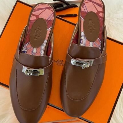 Hermès Oz Mules Printed Leather Palladium Buckle Slip-On Shoes Brown