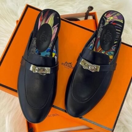 Hermès Oz Mules Printed Leather Palladium Buckle Slip-On Shoes Black
