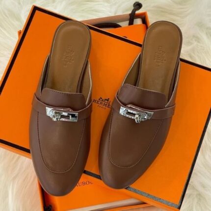 Hermès Oz Mules Leather Palladium Buckle Slip-On Shoes Plain Brown