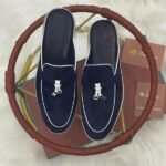 Loro Piana Charm Suede Mules Slip On Shoes Navy Blue White Lining