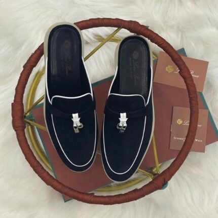 Loro Piana Charm Suede Mules Slip On Shoes Black White Lining