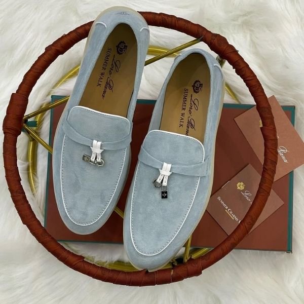115 Loro Piana Charm Suede Loafers Slip On Shoes Blue White Lining - Image 1