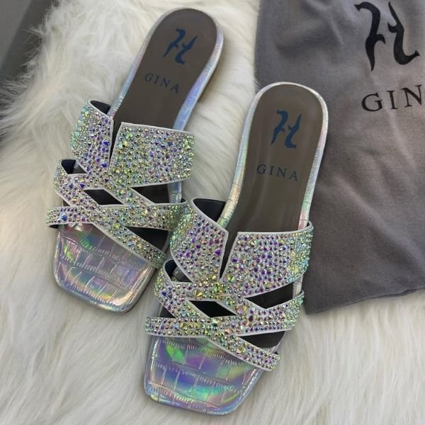 124 Gina Metallic Leather Crystal Embellished Roma Slides Slip-Ons Sandals Iridescent - Image 1