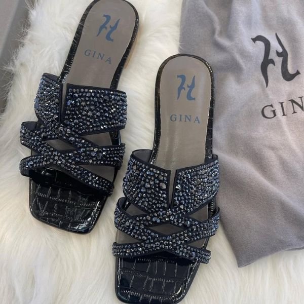 126 Gina Metallic Leather Crystal Embellished Roma Slides Slip-Ons Sandals Black - Image 1