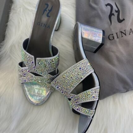 Gina Metallic Leather Crystal Embellished Roma Heels Sandals Mules 35 Iridescent