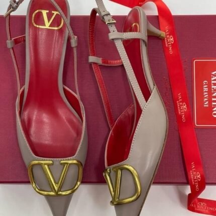 Valentino V Logo Patent Leather Slingback Pump Heels Pointed Toe 80mm Taupe