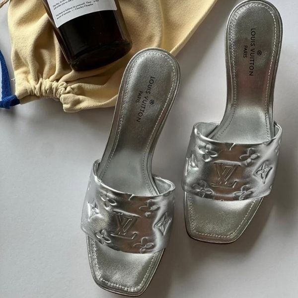 16 Louis Vuitton Debossed Metallic Embossed Monogram Revival Heels Sandals Slides Slip-Ons Silver - Image 1