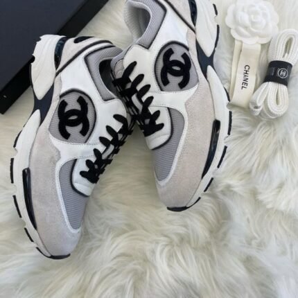 Chanel Suede Woven CC Low Top Sneakers Trainers Casual Shoes White Gray Black