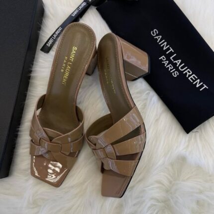 Saint Laurent Tribute Comfort Sandals Slide Heels Taupe Glossy