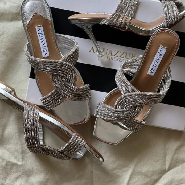 19 Aquazzura Gatsby 75 Mules High Heels Sandals Pumps Silver - Image 1